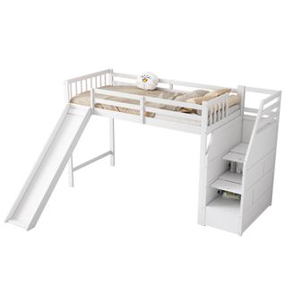 Lit Mezzanine Enfant 90x200 Cm Avec Toboggan Et Escalier De Rangement, Pin Blanc, En747