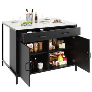 Îlot De Cuisine Noir Et Blanc, Desserte Avec Table à Manger, 2 Tiroirs Et 2 Portes