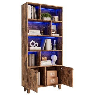 Bibliothèque Haut En Bois LED, Buffet Avec Étagères Et Placard, 2 Portes, Pieds En Bois De Pin