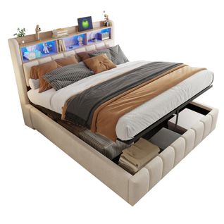 Lit Adulte Coffre 180x200 Cm Lin Beige, LED, Ports USB/type-c, Avec Rangement Hydraulique