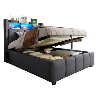 Lit Enfant LED 90x200 Cm Lin Gris Avec Coffre De Rangement Et Ports USB/type‑c