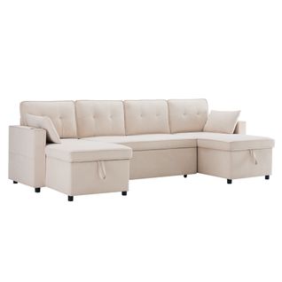 Canapé D'angle Convertible 4 Places En U 270x130 Cm, Tissu Coton-lin Beige, 2 Coffres De Rangement