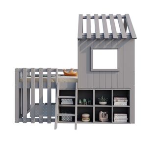Lit Enfant Cabane 90x200 Cm Mi-haut Avec Rangements Et Espace Sou Lit, Bois De Pin Solide, Gris