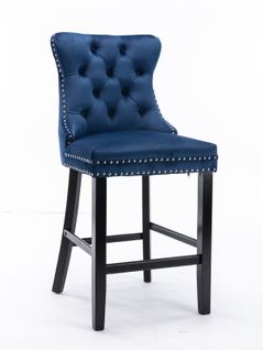 Lot De 2 Tabourets De Bar En Velours Bleu, Pieds En Bois, Clous Chromés