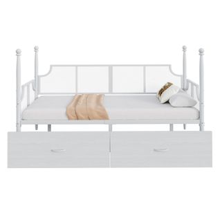 Lit Banquette En Métal 90x200 Cm Blanc Avec 2 Tiroirs De Rangement Style Vintage Et Sommier à Lattes