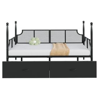 Lit Banquette En Métal 90x200 Cm Avec 2 Tiroirs De Rangement Style Vintage, Noir
