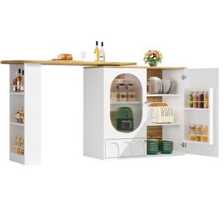 Table De Bar Pivotante Blanche 360° 138x39x105 Cm Avec 3 Portes Et Rangements, Finition Effet Bois
