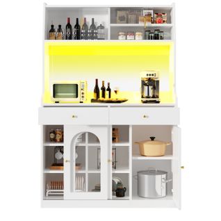 Buffet De Cuisine Haut.180 Cm Blanc LED Avec 2 Tiroirs Et Étagères Réglables, Portes Vitrées