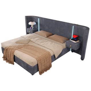Lit Coffre 180x200 Cm Gris LED, Ports USB+type-c, Tables De Chevet, Tiroirs De Rangment, Velours