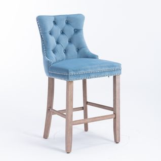 Lot De 2 Tabourets De Bar Velours Bleu Clair, Dossier Haut, Pieds En Bois Naturel