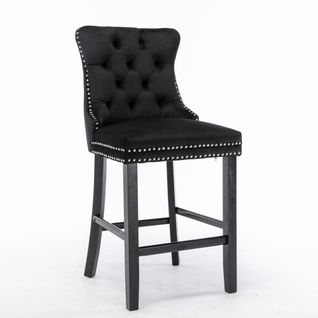 Lot De 2 Tabourets De Bar Velours Noir Dossier Haut, Clous Chromés, Pieds En Bois