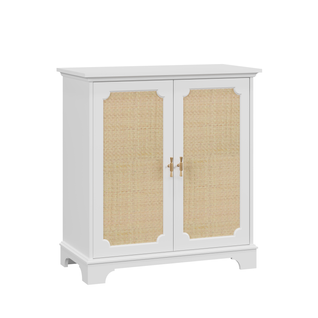 Buffet Blanc Pour Salon Et Entrée, 80x38x86 Cm Avec 2 Portes Décor Rattan