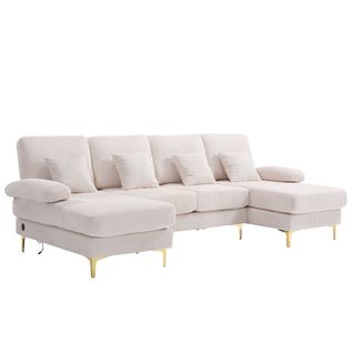 Canapé D'angle 4 Places En U 265x135x88 Cm Velours Beige, LED Et Port USB‑c Intégré