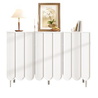 Buffet 120x35x80 Cm Blanc Avec Rangements, Portes Ondulées Sans Poignées, Pieds Réglables