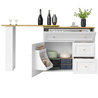 Table De Bar, Meuble Bar Pivotant Blanc 138-204 Cm, Métal Noir, Avec Étagère à Snacks Et 2 Tiroirs