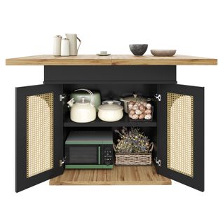 Table à Manger Extensible 110-140 Cm, Structure Métal, Avec 2 Portes En Rattan Pe, Noir/naturel