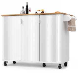 Desserte Blanche Îlot De Cuisine Sur Roulettes, Plateau Rabattable, 3 Portes, Porte-serviettes