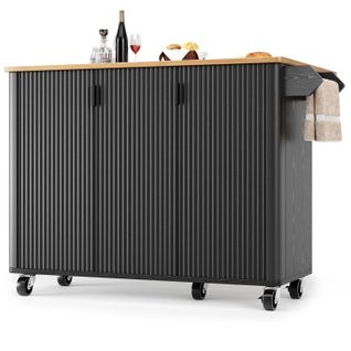 Desserte Noire Îlot De Cuisine Sur Roulettes, Plateau Rabattable, 3 Portes, Porte-serviettes
