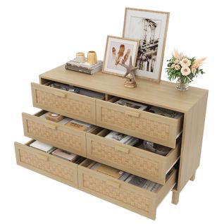 Commode Bois Naturel Avec 6 Tiroirs, Buffet De Rangement 120x75x40 Cm, Pieds 12 Cm
