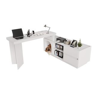 Bureau D'angle Convertible Blanc 120 X 50 Cm Avec 2 Tiroirs Et Niche Pour Animal, L Ou Droit