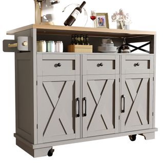 Desserte De Cuisine, Îlot Gris 118x43-80x98 Cm, Plateau Effet Bois Avec Rangements Et Roulettes