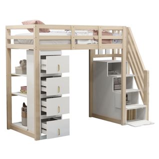 Lit Mezzanine Enfant 90x200 Cm Avec 4 Tiroirs Et 3 Étagères, Escalier à Rangement, Pin Bois Naturel