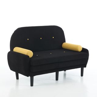 Canapé Convertible 2 Places Velours Côtelé Noir, Dossier Réglable, Cadre Métal, 2 Coussins