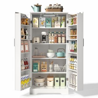 Buffet Haut, Armoire De Cuisine H.128 Cm Blanche Avec LED Capteur, 5 Étagères, Portes De Rangement