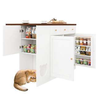 Îlot De Cuisine Blanc/noyer Avec Plan Extensible 40/70 Cm, 3 Tiroirs Et 3 Portes, Espace Animal