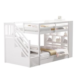 Lit Superposé Enfant 90x200 Cm Pin Blanc Avec 2 Tiroirs Et Grand Rangement, Escalier De Rangements