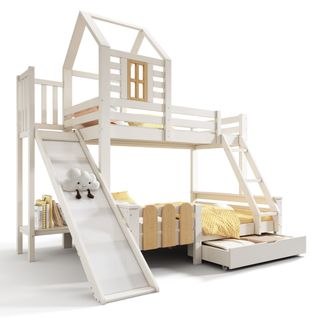 Lit Superposé Enfant 90x200+140x200 Cm Avec Toboggan, Tiroir Et Design Cabane, Bois Blanc