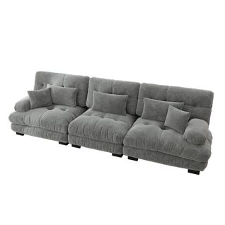 Canapé Modulable 3 Places 313cm, Assise Profonde, Avec Coussins, Tissu Chenille Gris