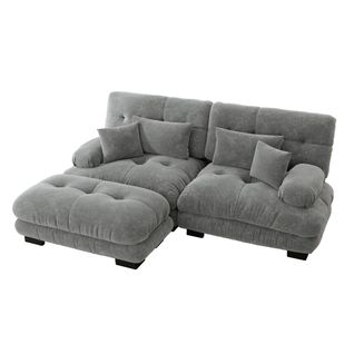 Canapé D'angle 2 Places Modulable 220cm En Tissu Chenille Gris Avec Pouf Ottoman, 4 Coussins