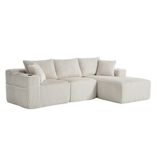 Canapé D'angle 3 Places Beige En Velours Côtelé Avec 5 Coussins, Poches Et Porte-gobelets