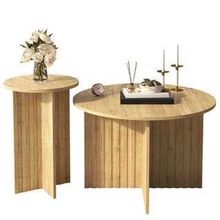 Set 2 Pièces De Tables Basses Rondes Ø76/ø40 Cm, Bois Naturel, Design Scandinave