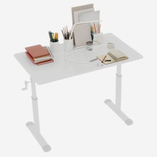 Bureau 100cm Réglable En Hauteur à Manivelle, Double Colonne, Métal Et Bois Blanc