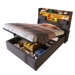 Lit Enfant 90x200 Cm Avec Rangement, LED Et Ports USB/type-c, Lin Gris, Sommier à Lattes