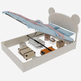 Lit 140x200 Cm 2 Places Avec Coffre Rangement, Tête Cartoon, Tissu Beige