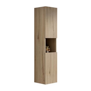 Colonne Murale 160 Cm, Bois Chêne Blanc, 2 Portes Et Niche Ouverte, Armoire Salle De Bain