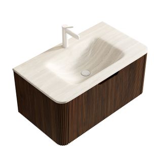 Vasque avec Lavabo Suspendu Salle De Bains 80 Cm, Tiroir LED, Bois Noyer