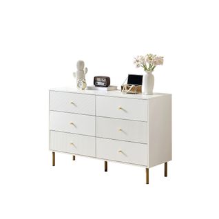 Commode 6 Tiroirs 120x40x78 Cm, Mdf Blanc, Poignées Alliage De Zinc, Pieds Acier