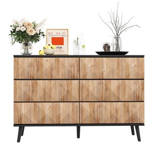 Commode Noir Et Bois Naturel, Buffet De Rangement 120x40x85 Cm Avec 6 Tiroirs