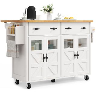 Desserte De Cuisine Blanche, Îlot Mobile 2 Portes Et 4 Tiroirs – Rangement, Roulettes Avec Frein