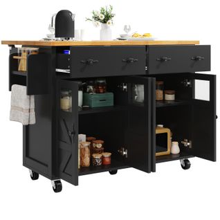 Desserte De Cuisine Noire, Îlot Mobile 2 Portes Et 4 Tiroirs – Rangement, Roulettes Avec Frein