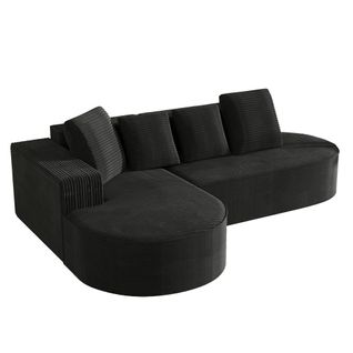 Canapé 3 Places Modulaire En L 265 Cm En Velours Côtelé Noir, Sans Montage