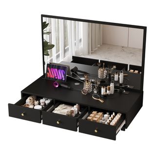 Coiffeuse Murale 100×105×45 Cm, 3 Tiroirs, Miroir, Prises Intégrées, Porte-gobelet, Noir