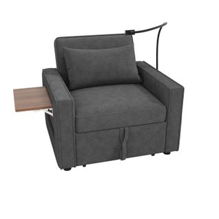 Fauteuil Convertible 1 Place En Velours Côtelé Gris Avec Ports USB/type-c Et Support Téléphone