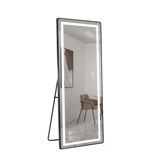 Miroir LED 163 Cm 3 Couleurs, Cadre Métal Noir, Miroir Argenté, Sur Pieds Ou Mural