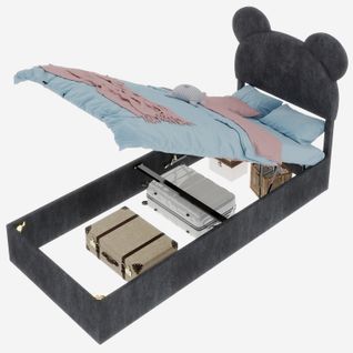 Lit Enfant 90x200 Cm Avec Coffre De Rangement, Tête Cartoon, Tissu Gris Et Métal