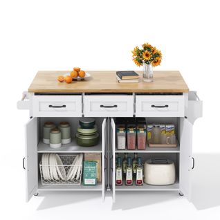 Desserte, Îlot De Cuisine Blanc Et Bois, Plateau Rabattable, 4 Portes, 3 Tiroirs, 5 Roulettes
